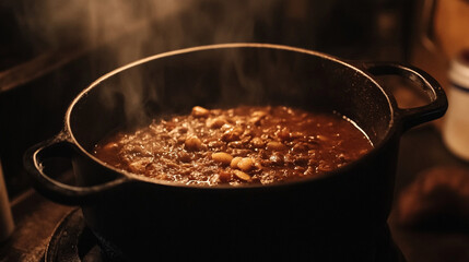 Rustic cooking scene with a simmering pot of stew, rich aromas and steam rising, comforting home-cooked meal in a traditional kitchen setting