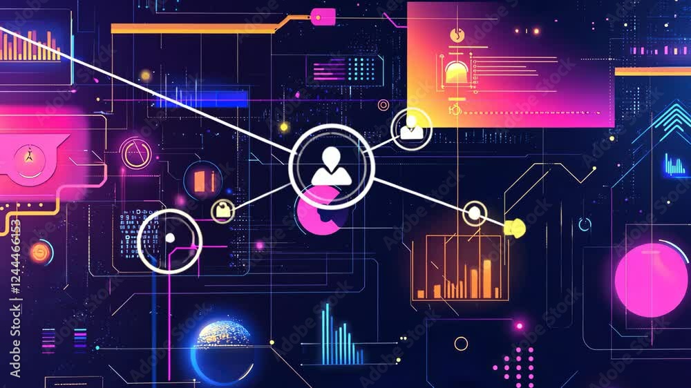 Poster dynamic data network with futuristic graphs and interactive interface elements