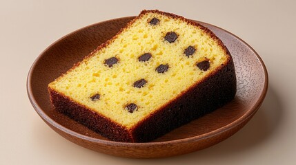 Chocolate chip cake slice, wooden plate, beige background, food photography, recipe