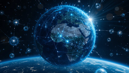 Obraz premium A stunning portrayal of Earth showcasing illuminated continents and digital networks in a dark cosmos. The image captures our planet as interconnected with vibrant node connections