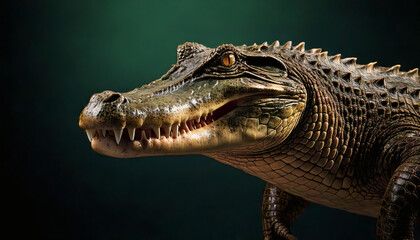 Fototapeta premium Crocodile Closeup with Green Background – Detailed Crocodile Skin, Fierce Expression, Lush Green Environment, Reptile Photography, Nature Closeup, and Epic Crocodile Portrait Shot