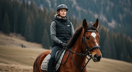 Obraz premium Young woman horseback riding in mountains wearing protective gear and winter clothing. Young female equestrian on brown horse against scenic mountain landscape in cold weather outdoor recreation