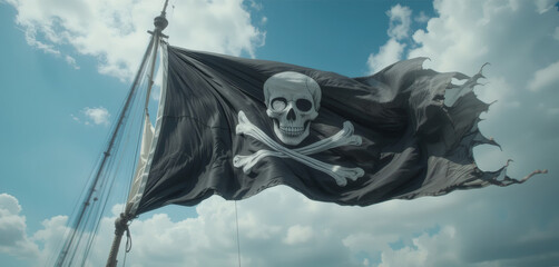 Naklejka premium Cinematic Pirate Skull with Black Flag Flying in Blue Sky – Skull and Crossbones Flag, Waving in the Wind, Dramatic Sky Background, Symbol of Adventure, and Epic Cinematic Pirate Photography
