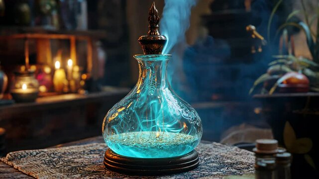 Mystical blue potion swirling in smoky candlelit ambiance