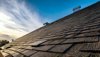 Shingles with Blue Sky &ndash; Roof Shingles, Residential Roofing, Clear Blue Sky, Home Exterior, Roofing Texture, Roofing Materials, Architectural Design, Roof Installation, and Sunny Weather Background