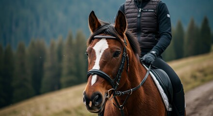 Obraz premium Close up portrait of brown horse with white blaze wearing black bridle during mountain trail ride. Person riding horseback against forest background. Equestrian sport and outdoor recreation concept