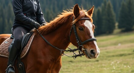 Obraz premium Woman riding chestnut horse with black leather tack in mountain meadow during equestrian training. Professional dressage sport and horseback riding in nature with forest background and copy space