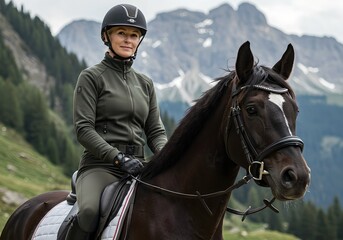 Obraz premium Professional woman equestrian in protective gear riding brown horse in mountains. Professional horseback riding. Summer outdoor activity and sport. Dressage training with mountain peaks background.