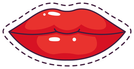 Obraz premium Cartoon drawing featuring vibrant red glossy lips adorned with a dashed cut line, perfectly suited for beauty, fashion, and love themed designs, exuding glamour and allure