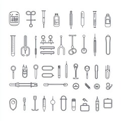 Fototapeta premium A collection simple medical instruments, diagnosis tools, and treatment-related icons Editable stroke, isolated on white background