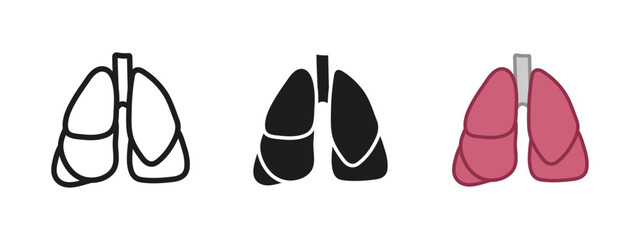 Lungs icon. Lung disease symbol. Human respiratory system vector illustration. Pulmonary organ anatomy sign. Bronchial breathing pictogram. Lungs realistic concept isolated outline, black and colored.