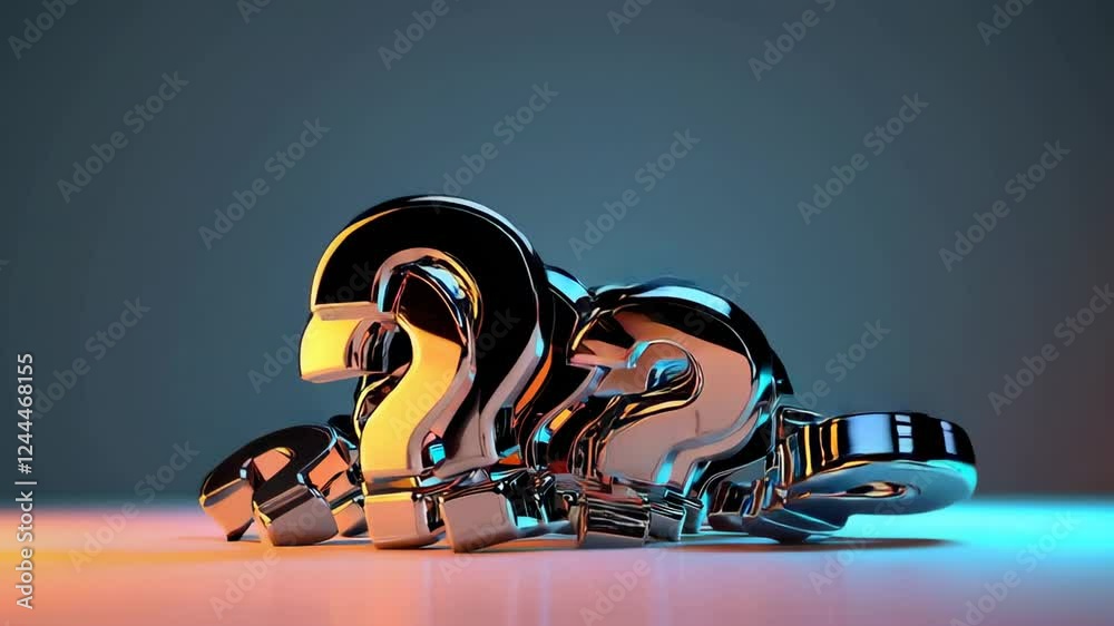 Poster Reflective metallic question marks on a gradient background change position, creating a visual representation of questioning, decision making, and problem solving