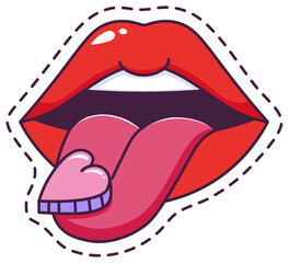 Red lips playfully sticking out the tongue while holding a heart shaped candy, surrounded by a dashed line, perfect for Valentine s Day or any romantic themed project