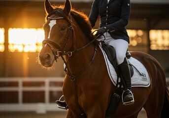 Professional dressage rider in elegant competition attire mounted on brown horse during sunset training session. Close up view of equestrian sport with golden backlight and riding arena background