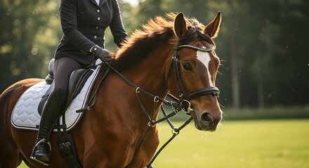 Obraz premium Woman in formal equestrian attire riding brown horse with white blaze during dressage training in sunlit meadow. Professional horseback riding and competitive sport concept