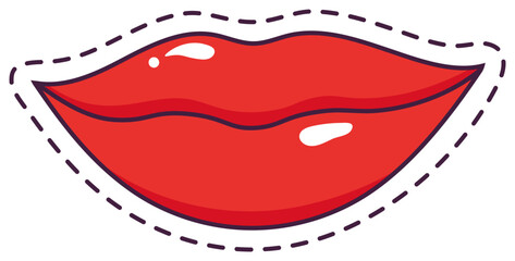 Cartoon drawing of red glossy lips with dashed line following the contour representing a sticker, isolated vector illustration on white background