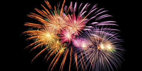 Fireworks display with a black background. The fireworks are in various colors and are lit up in the night sky