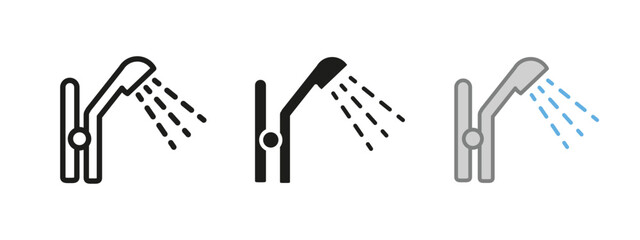 Shower icon. Bathroom sign. Hygiene symbol. Pouring water sprinkler shower vector illustration. Bathing and douche pictogram. Washroom spray. Cleanliness concept isolated outline, black and colored.