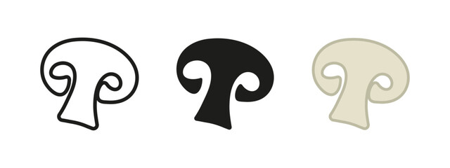 Mushroom icon. Champignon slice vector illustration. Edible mushroom symbol. Pizza ingredient sign. Gourmet cuisine pictogram. Sliced champignon concept isolated. Vegetable silhouette.