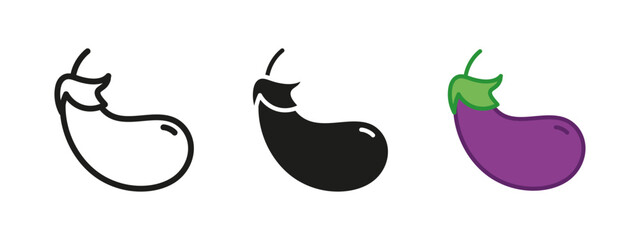 Eggplant icon. Aubergine symbol. Vegetable vector illustration. Purple eggplant sign. Vegan and vegetarian nourishment pictogram. Healthy food diet concept isolated outline, line, black and colored.