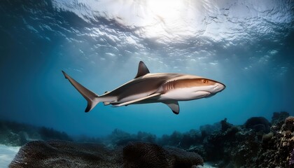 Fototapeta premium Vivid Encounters Dazzling Blacktip Reef Shark Swimming Amongst Stunning Coral Reef, Showcasing the Breathtaking Beauty and Vibrant Colors of the Ocean Depths