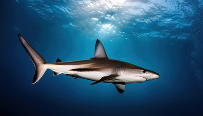 Fototapeta premium Vivid Blacktip Reef Shark Darting Through CoralLaden Waters at Dawn, Stirring a Sense of Oceanic Majesty and Vitality