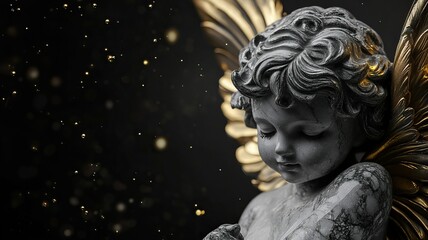 Golden-winged marble cherub: ethereal angelic sculpture on dark background