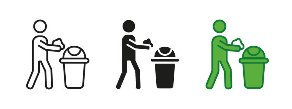 Person throwing trash in bin icon. Stick figure disposing waste into a trash can vector illustration. Keep clean and maintain hygiene concept. Proper garbage disposal pictogram.