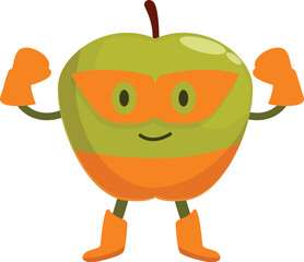 Cartoon illustration of a superhero green apple wearing an orange mask and boots flexing its muscles, promoting healthy eating habits