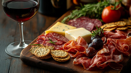 Charcuterie board with gourmet cheese, cured meats, and fresh herbs, rustic presentation highlighting culinary elegance and artisanal craftsmanship