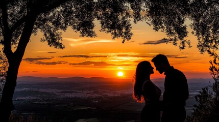 Silhouette of Romantic Couple Embracing Under Oak Tree at Sunset, Love and Happiness Concept.