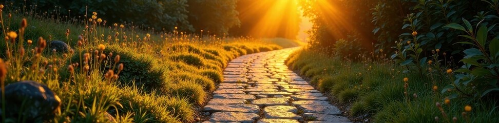 Meandering stone path, early morning sun, warm tones , calm, cobblestone