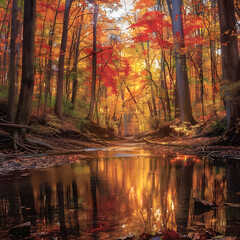Serene Autumn Forest Landscape with Vibrant Foliage and Gentle Stream Reflecting Warm Tones