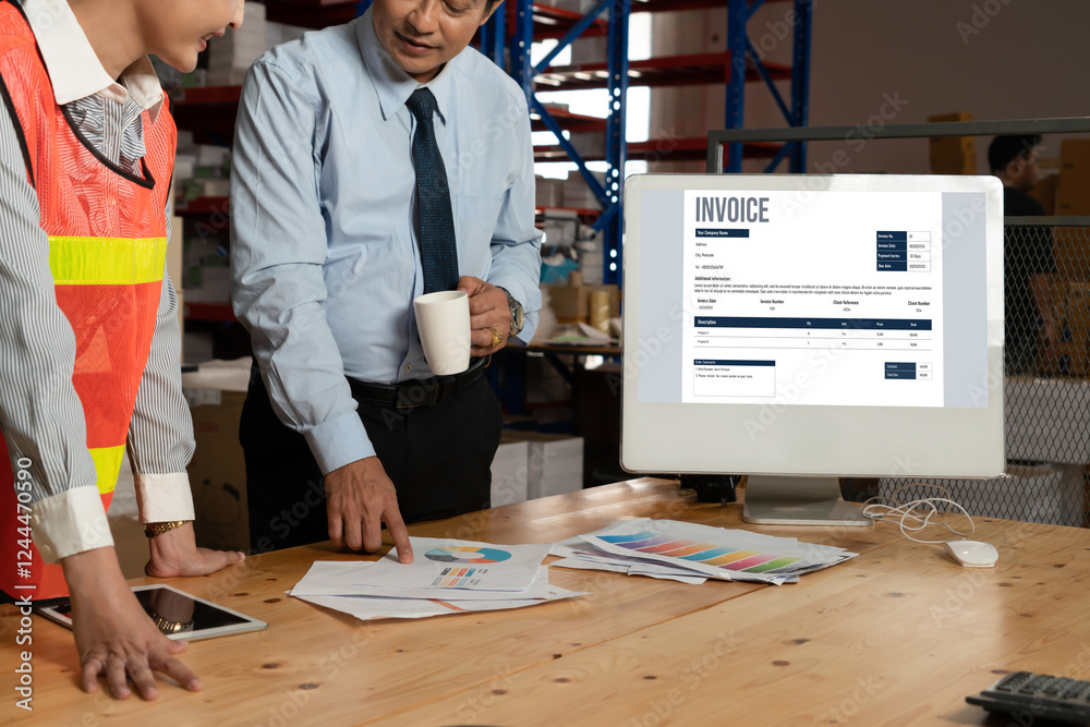 Poster invoice on computer screen from accounting application. computer program for financial and budget of