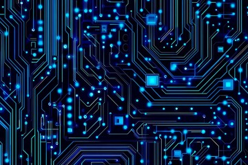 Abstract close-up of a glowing blue digital circuit board, showcasing intricate connections and technological design on a black background.
