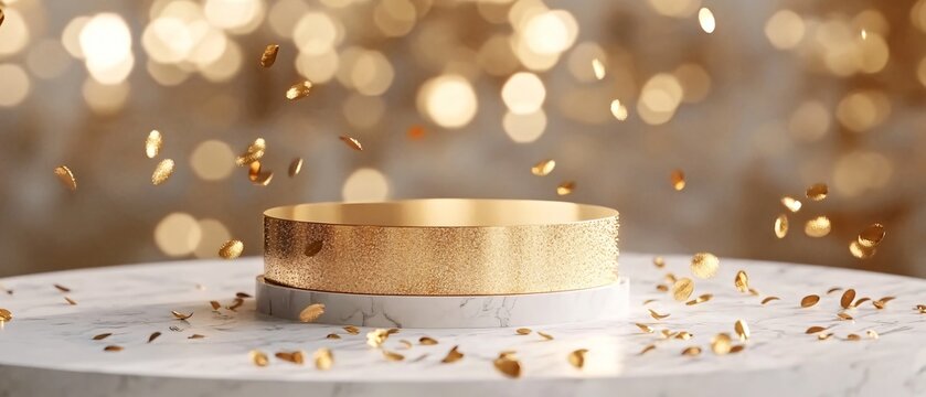 Minimalist Gold Podium with Soft Light Particles, Glass Panel Backdrop, and Elegant Bokeh Effect. Copy space. Generative AI 
