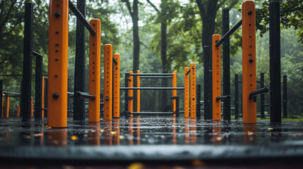Obraz premium Orange and black calisthenics or street workout park full of bars for working out outdoors on a rainy summer day, playground in nature or forest outside.