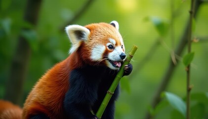 Fototapeta premium Red panda munching on bamboo shoots, lush green background, diet, nepal