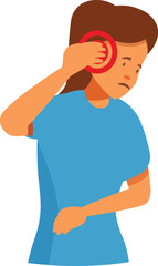 Woman feeling strong ear pain holding a hand to her head and stomach, suffering from ear infection symptom