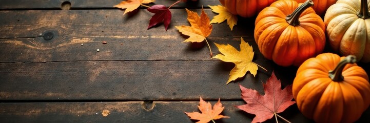 Rustic wooden table with pumpkins & fall leaves, country, leaves
