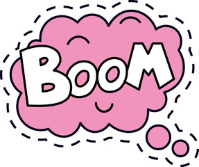 Pink cartoon boom explosion with smiling face and dotted line contour, representing a fun and lighthearted explosion sound effect, perfect for comics, animations, or children s designs