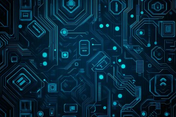 Abstract close-up of a glowing blue digital circuit board, showcasing intricate connections and technological design on a black background.
