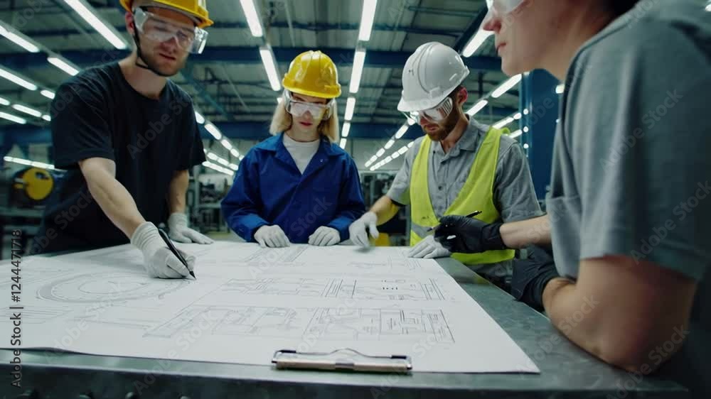 Aufkleber Industrial engineers and technicians in safety gear are examining and discussing a blueprint on a large table in a modern factory, collaborating on a project in slow motion