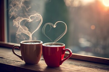 Pair of cups with heart designs, steam rising in the shape of a heart
