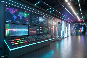 Futuristic AI dashboard with lots of data, holographic interface