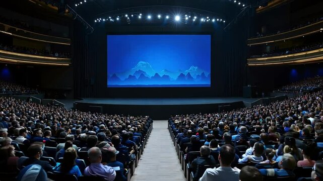 A large auditorium filled with people watching a presentation on a large screen