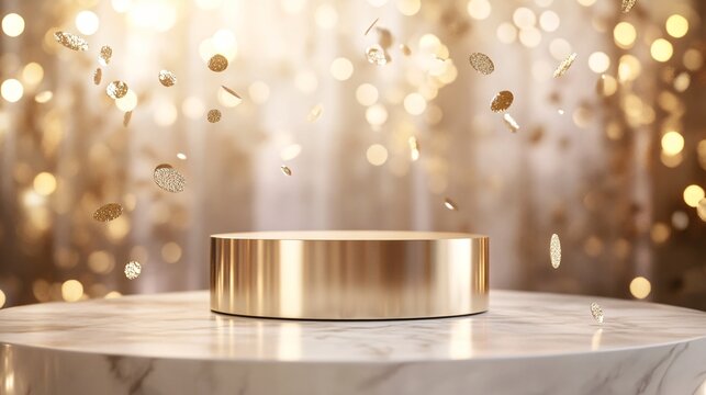 Minimalist Gold Podium with Soft Light Particles, Glass Panel Backdrop, and Elegant Bokeh Effect. Copy space. Generative AI 