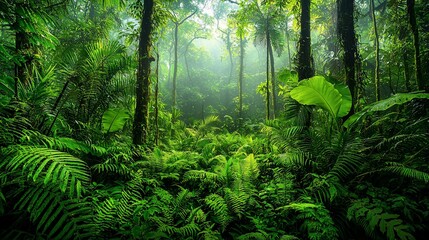 Lush rainforest path, misty morning, sunlight through trees, vibrant green foliage; nature background