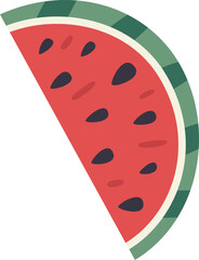 Cartoonish illustration of a slice of watermelon with visible seeds, rind and pulp, isolated on white background, representing summer, freshness and healthy eating