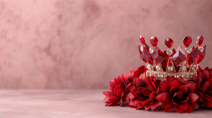 A beautifully designed crown with red gemstones is gracefully surrounded by vibrant red flowers that stand out against a soft pink background, copy space. Solemn atmosphere